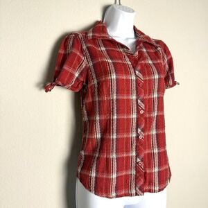 Vintage Y2K Plaid Button Up Womens Small Red Short Sleeve Twee Beach Summer